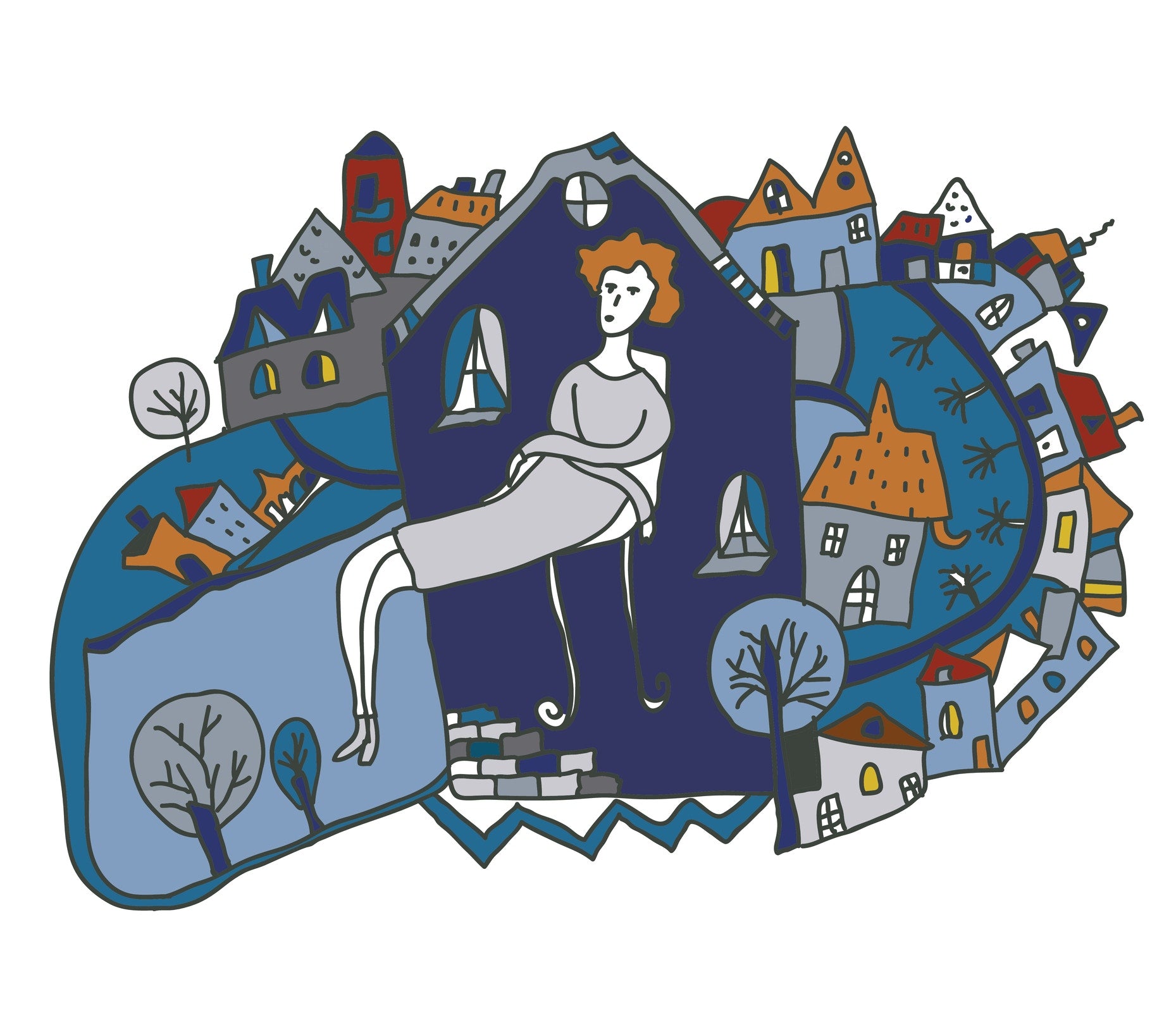 Woman in a house with trees and other houses nearby, all together in a figure