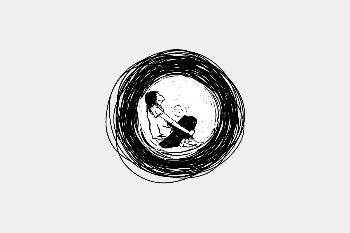 pencil drawing of a man sitting in a circle