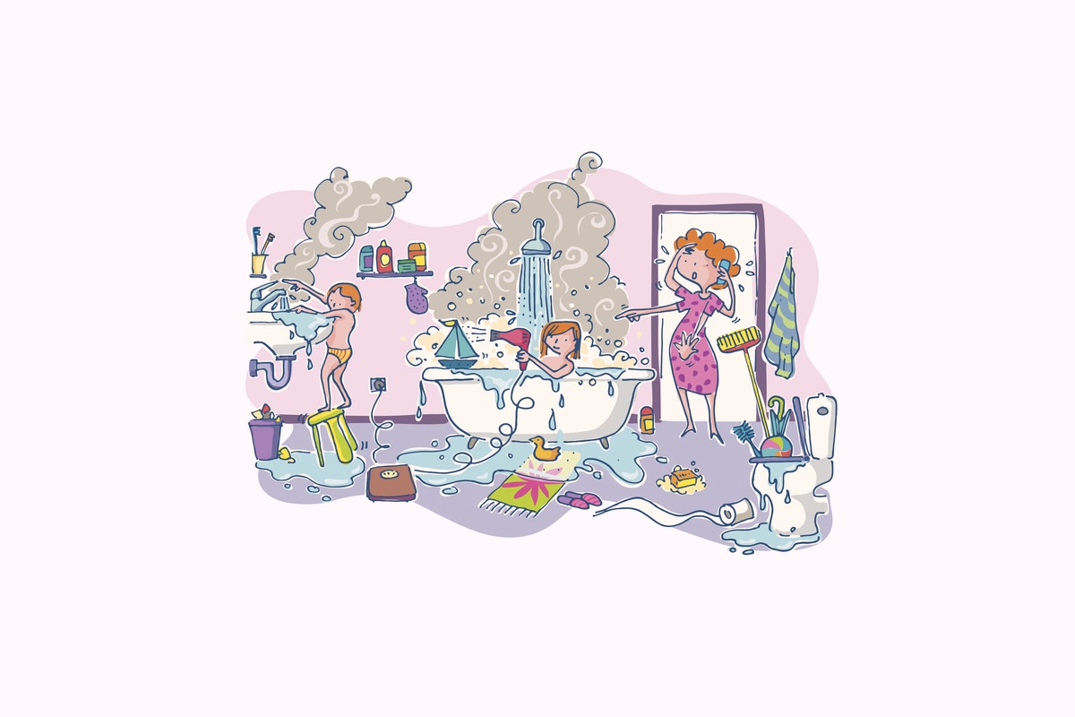 2 children and a confused mother in a disorganised bathroom