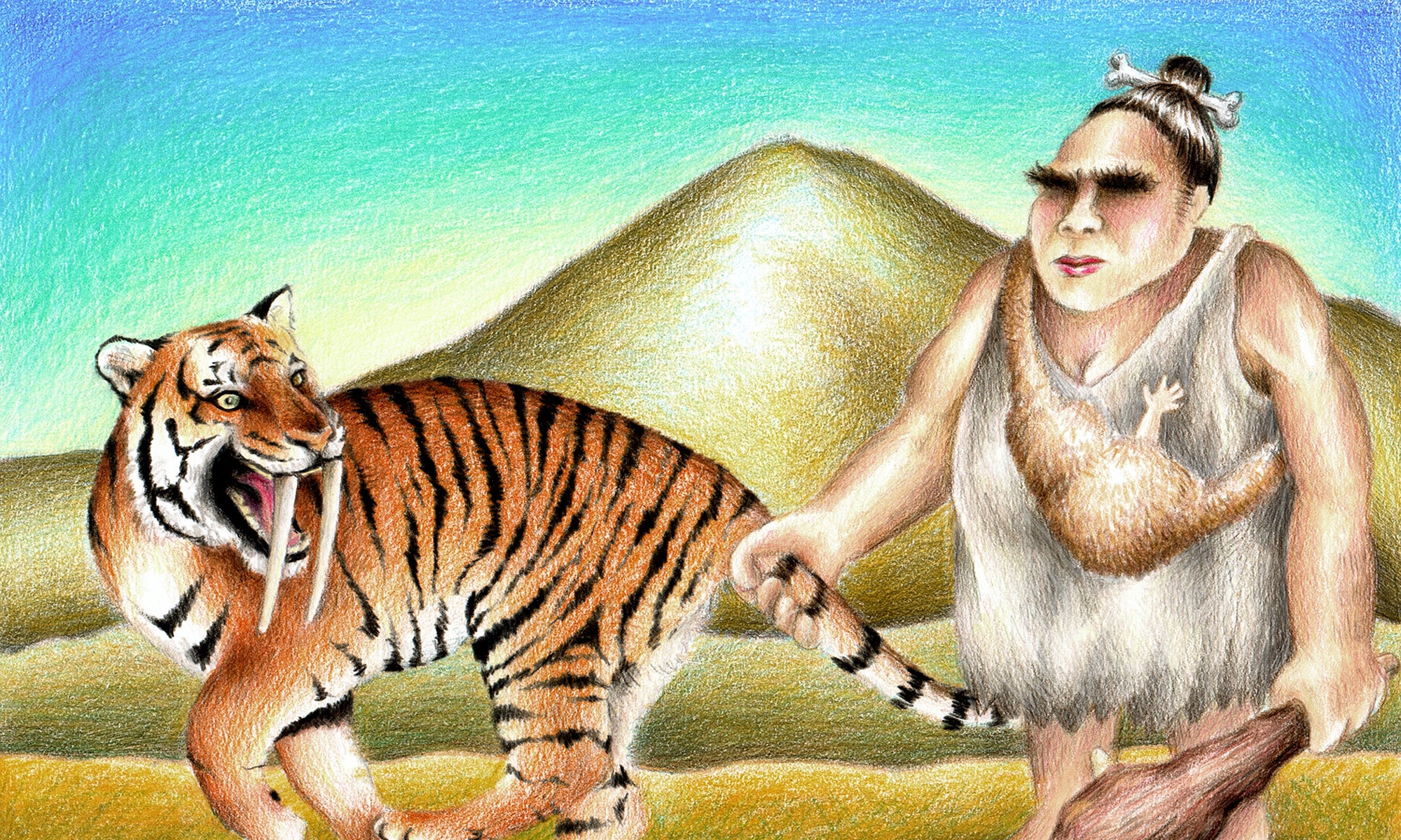 Early man taming a wild saber tooth tiger