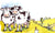 Cartoon of cows and chicken in the farm.