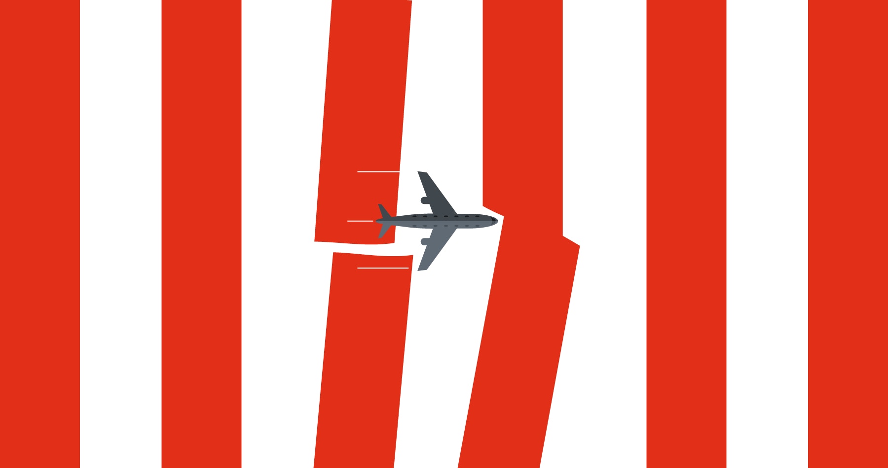 an airplane flying with rea and white stripes background